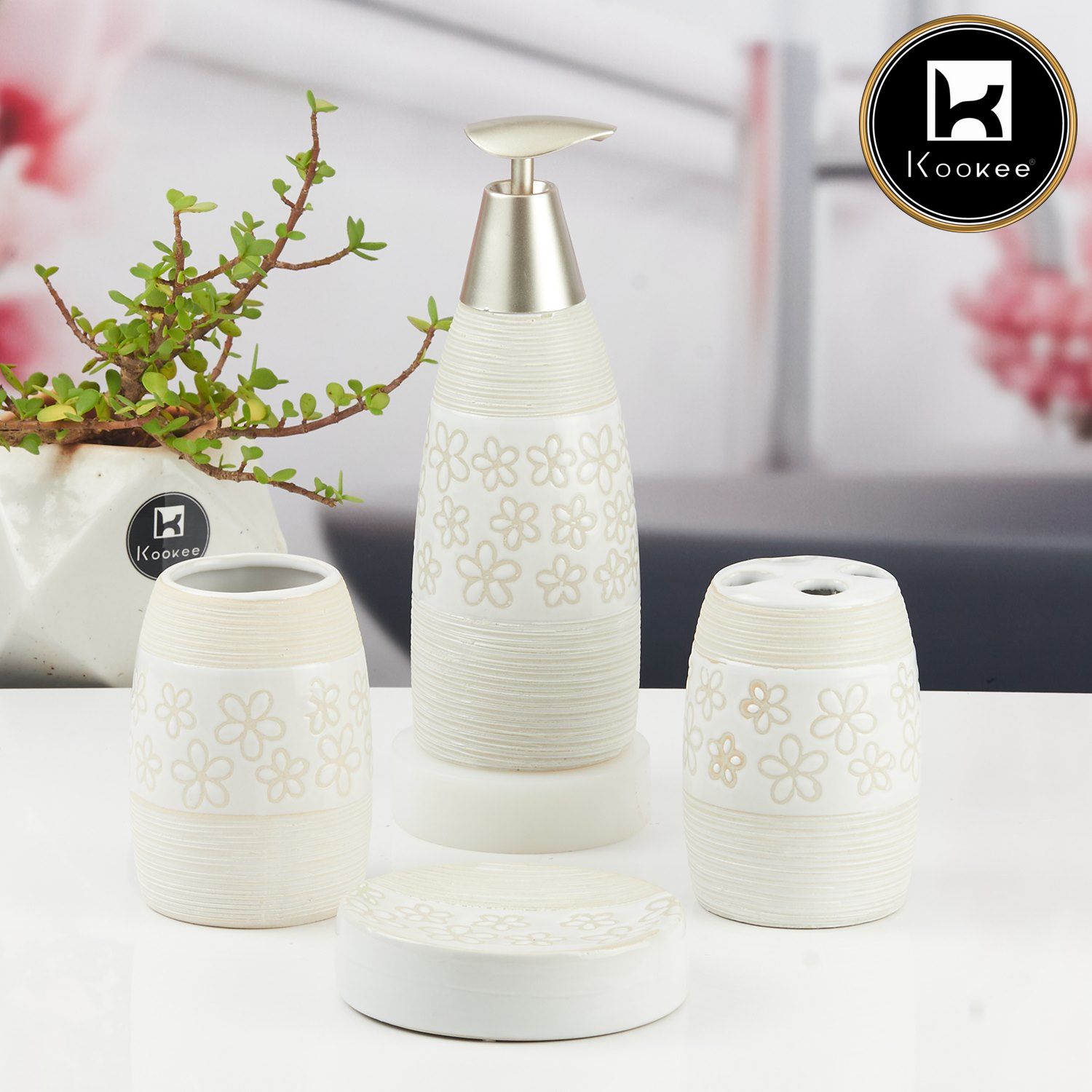 Ceramic Bathroom Accessories Set of 4 with Soap Dispenser (9849)