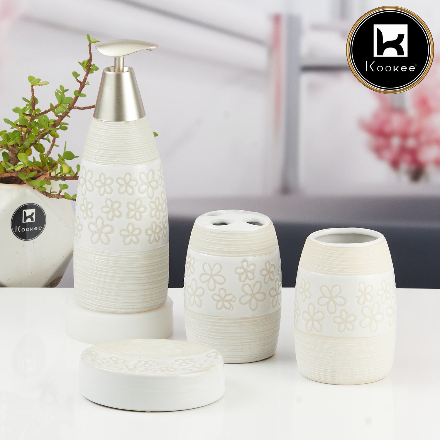 Ceramic Bathroom Accessories Set of 4 with Soap Dispenser (9849)