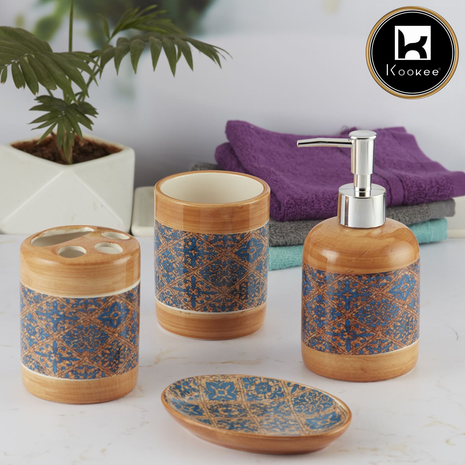 Ceramic Bathroom Accessories Set of 4 with Soap Dispenser (9859)