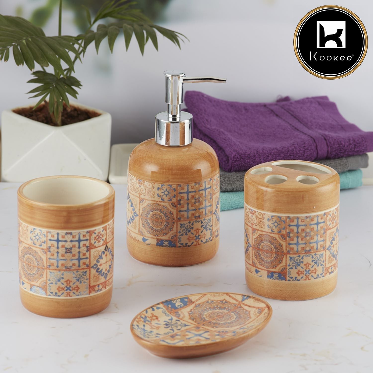 Ceramic Bathroom Set of 4 with Soap Dispenser (9861)