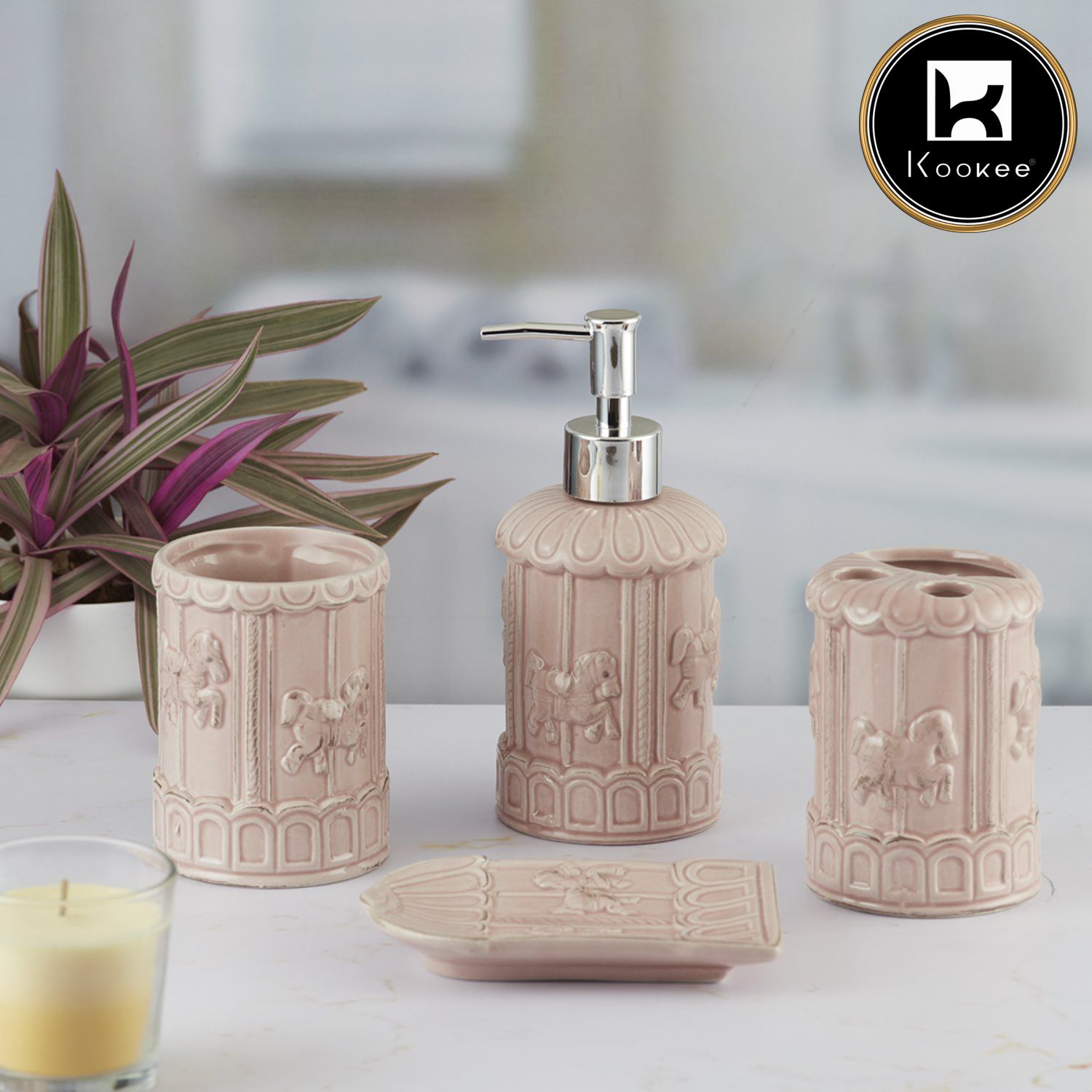 Ceramic Bathroom Set of 4 with Soap Dispenser (9864)