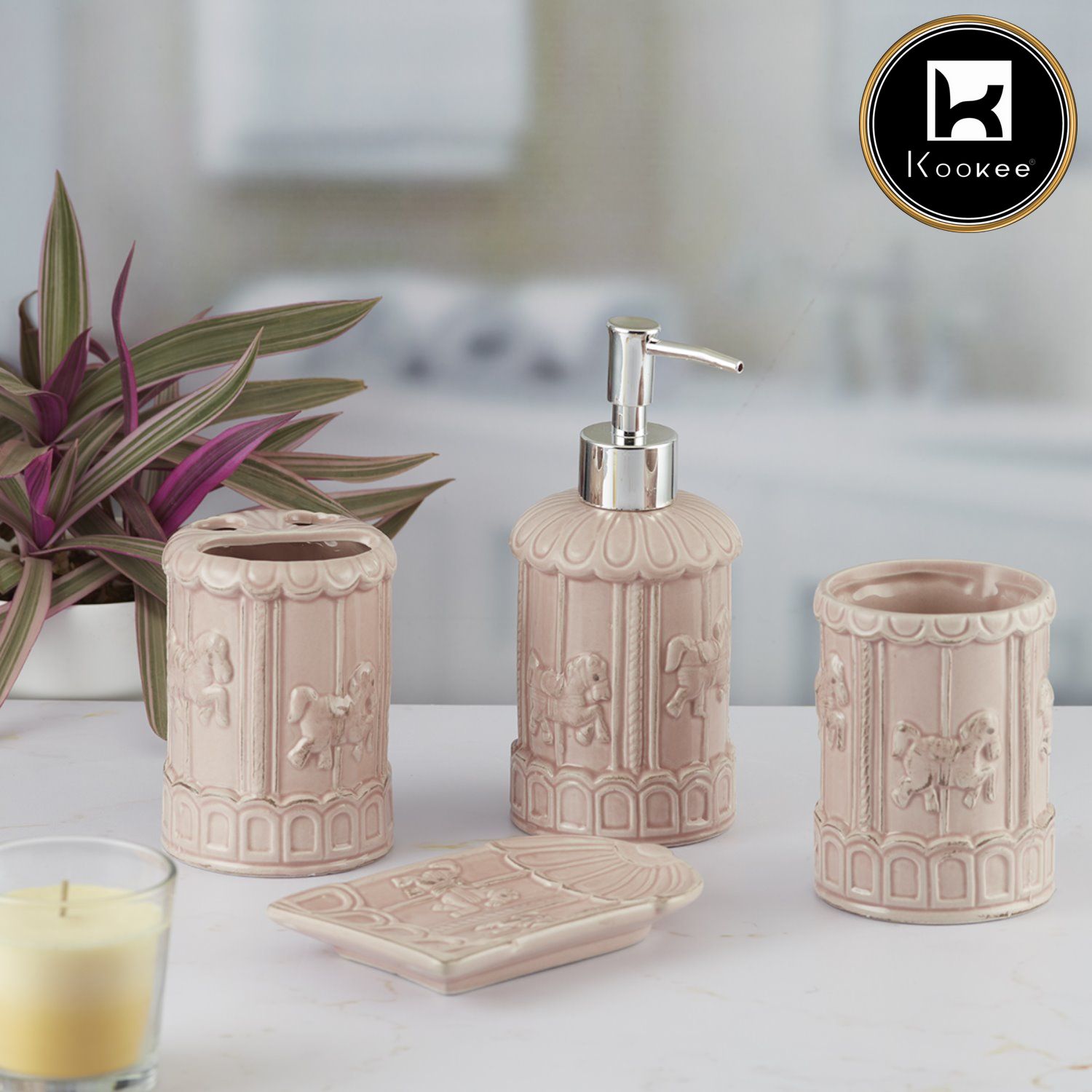 Ceramic Bathroom Set of 4 with Soap Dispenser (9864)