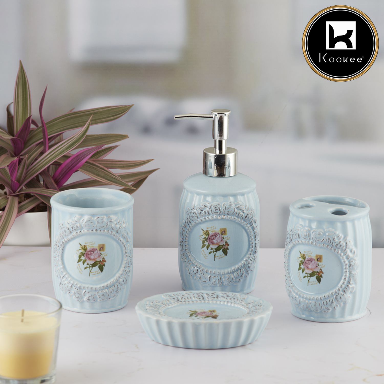 Ceramic Bathroom Set of 4 with Soap Dispenser (9866)