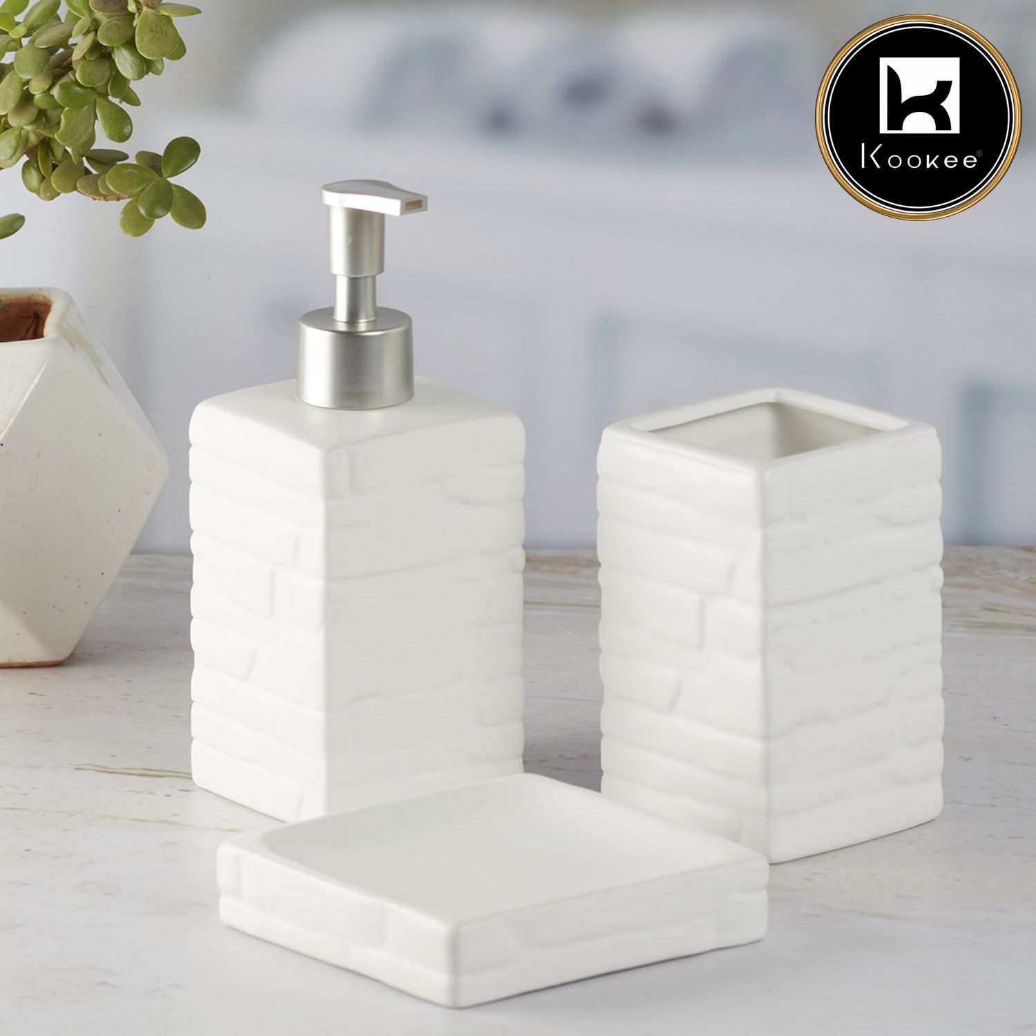 Ceramic Bathroom Accessories Set of 3 with Soap Dispenser (9869)