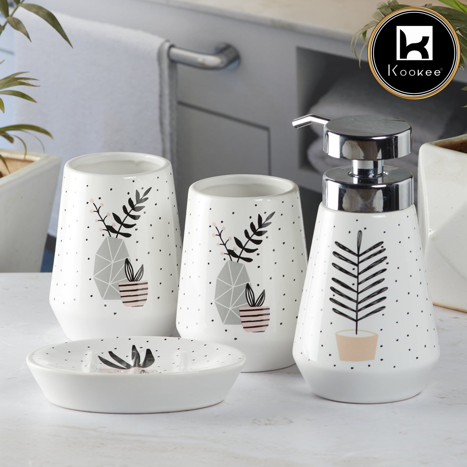 Ceramic Bathroom Accessories Set of 4 with Soap Dispenser (9870)