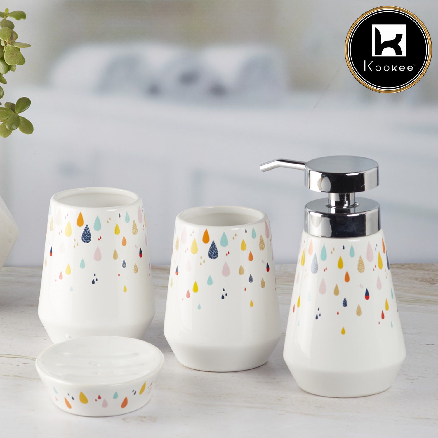 Kookee Ceramic Bathroom Accessories Set of 4, Modern Bath Set with Liquid handwash Soap Dispenser and Toothbrush holder, Luxury Gift Accessory for Home, White/Multicolor