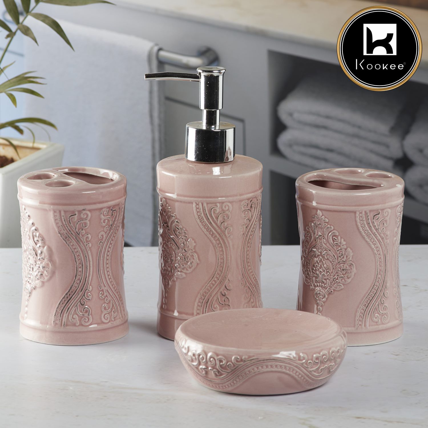 Ceramic Bathroom Set of 4 with Soap Dispenser (9872)