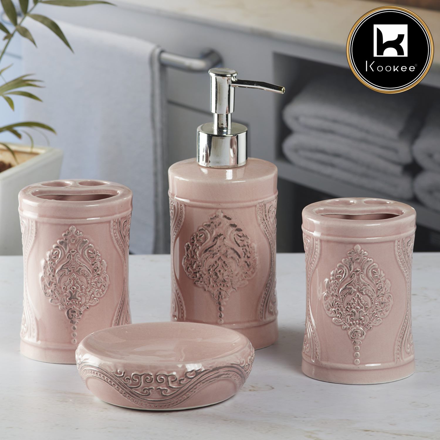 Ceramic Bathroom Set of 4 with Soap Dispenser (9872)