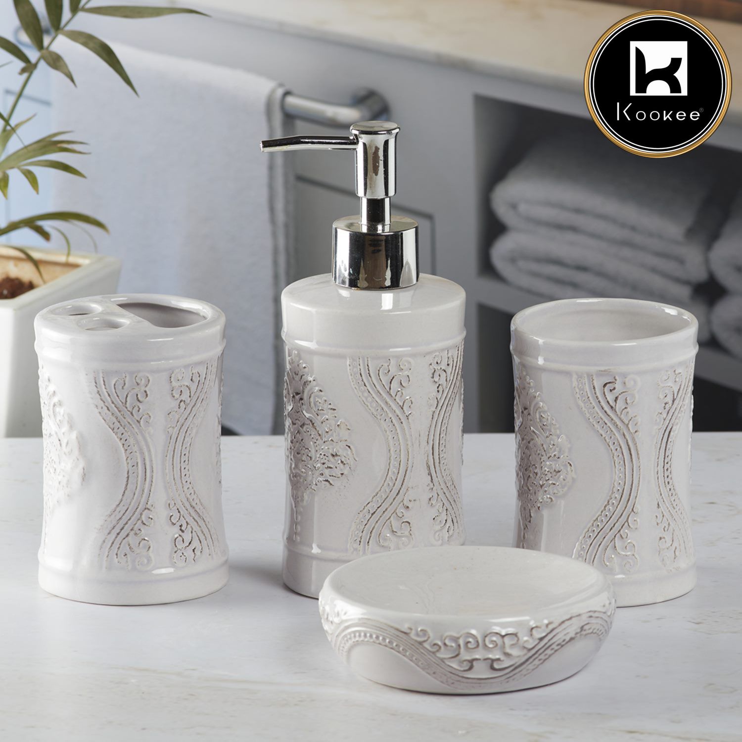 Ceramic Bathroom Set of 4 with Soap Dispenser (9873)