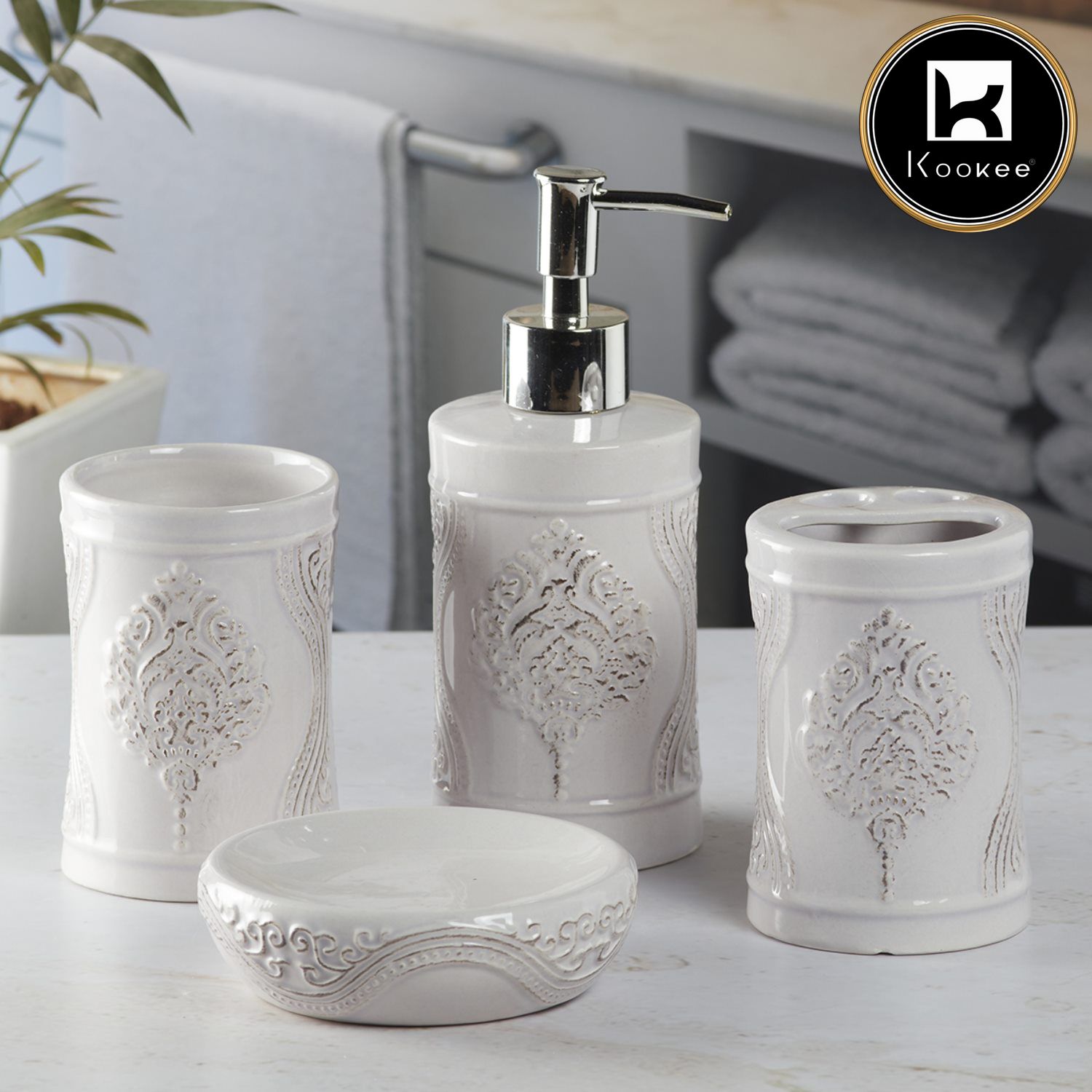 Ceramic Bathroom Set of 4 with Soap Dispenser (9873)