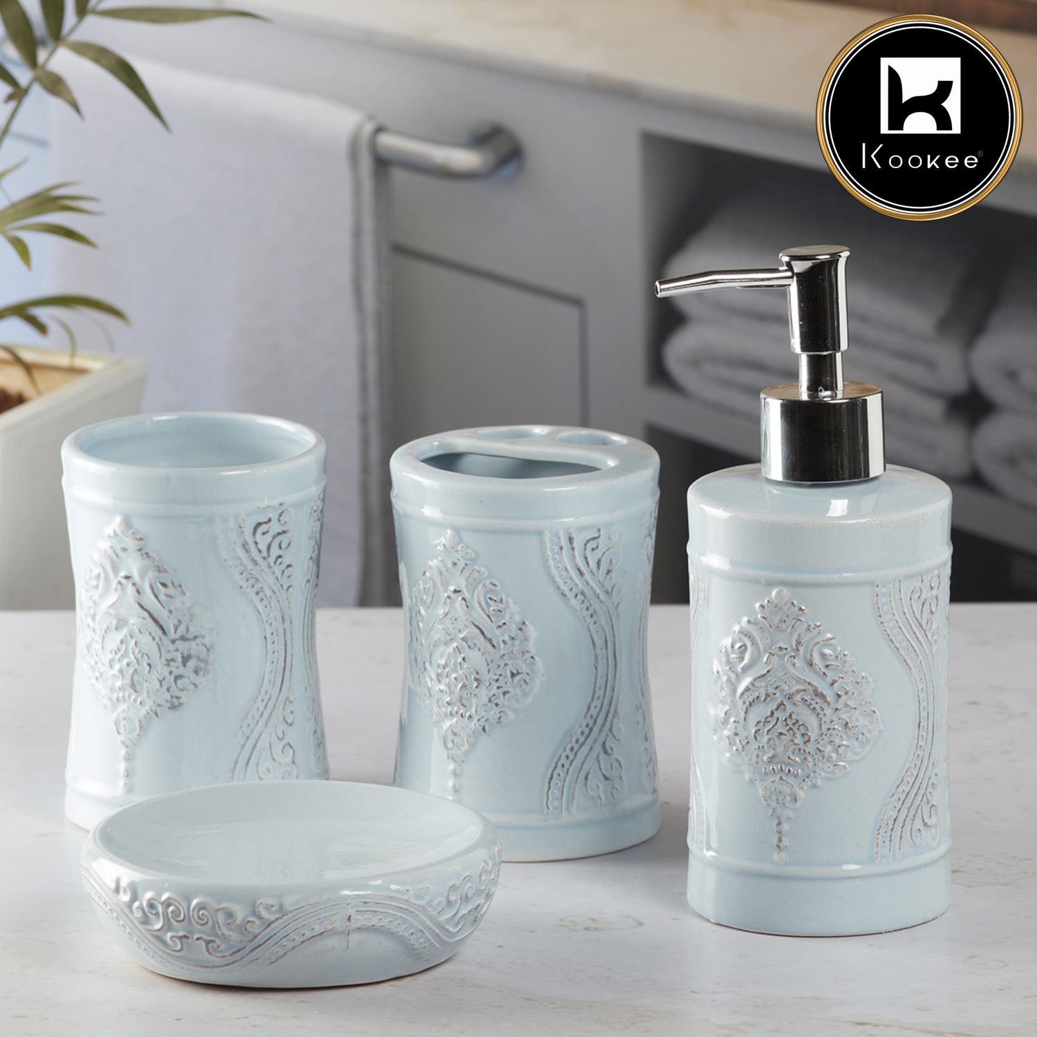 Ceramic Bathroom Set of 4 with Soap Dispenser (9874)