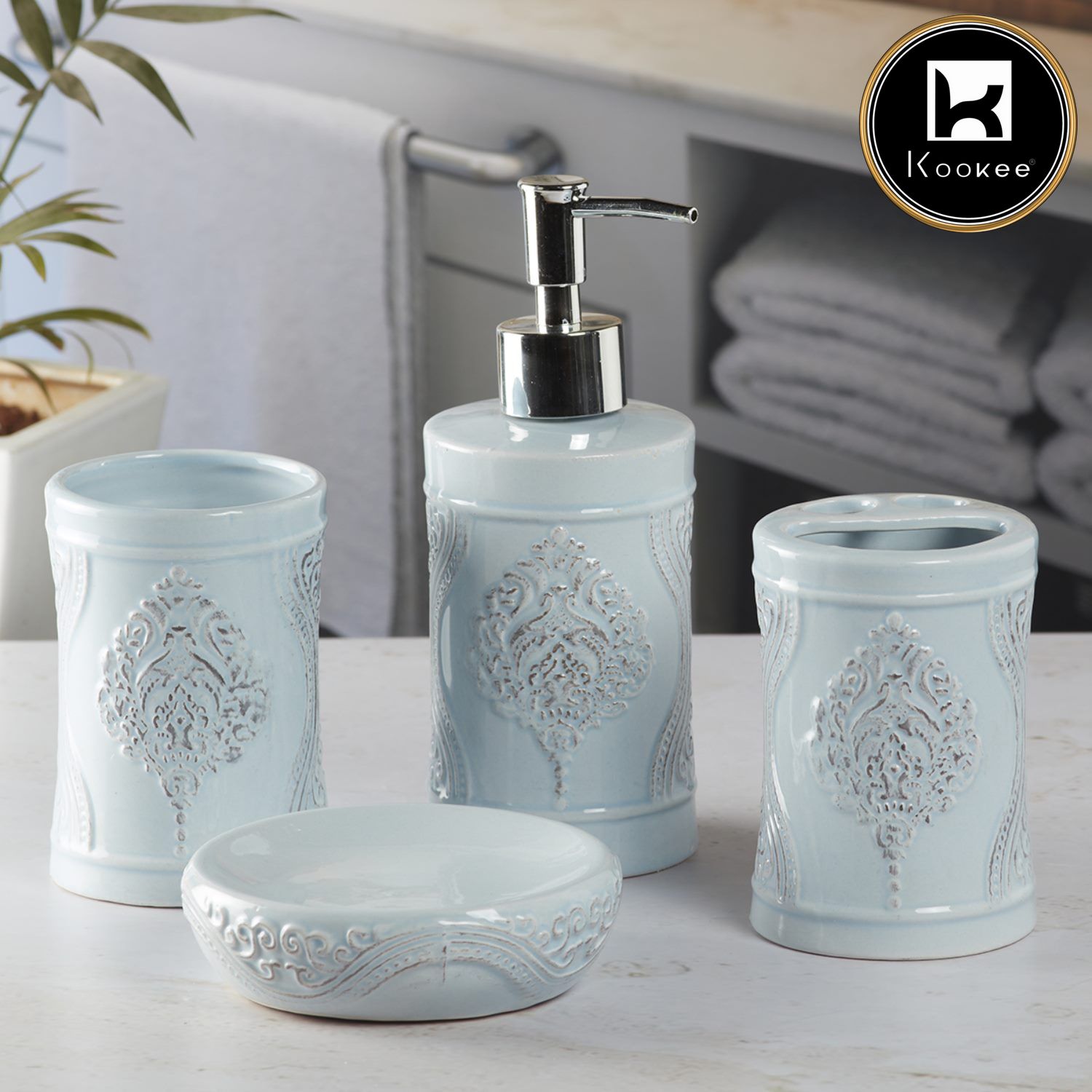 Ceramic Bathroom Set of 4 with Soap Dispenser (V-CBS-082-4)