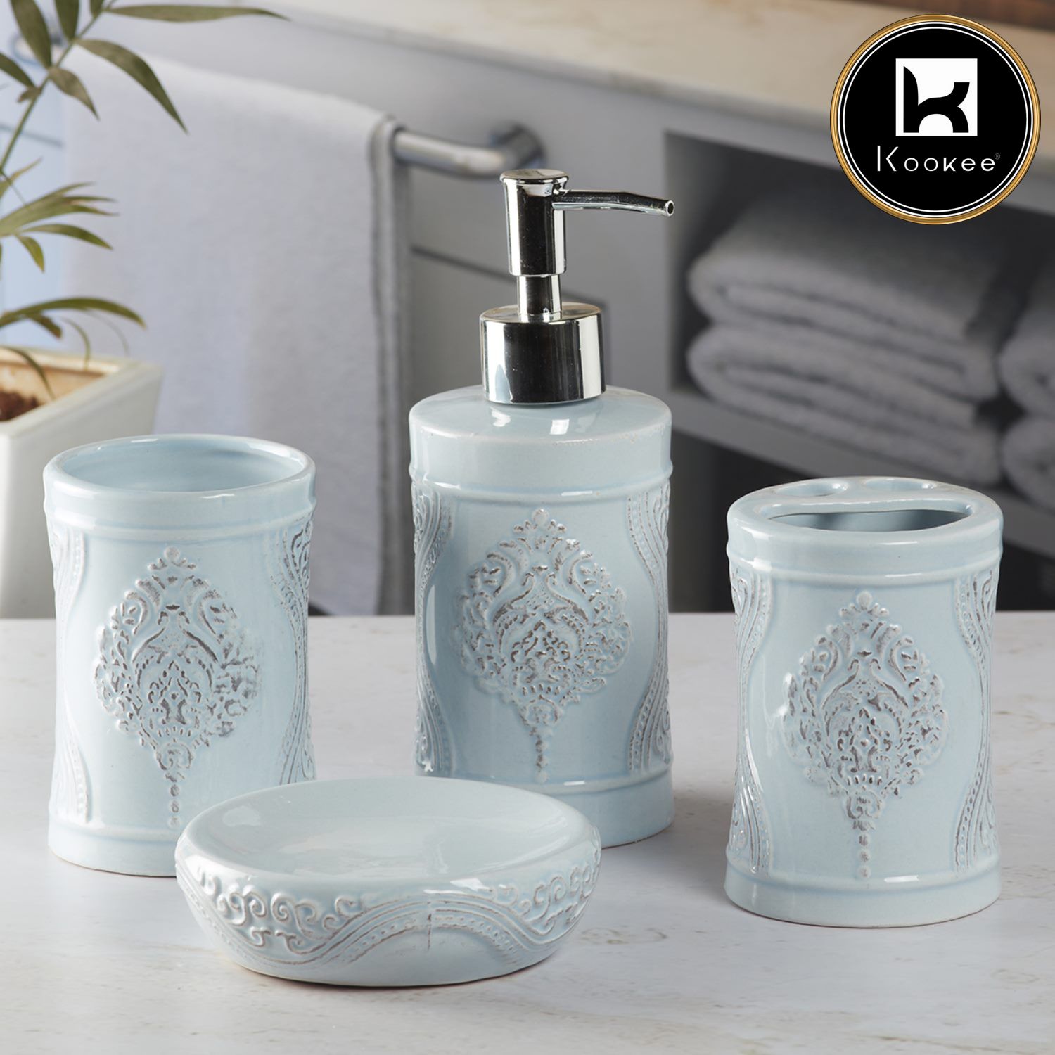 Ceramic Bathroom Set of 4 with Soap Dispenser (9874)