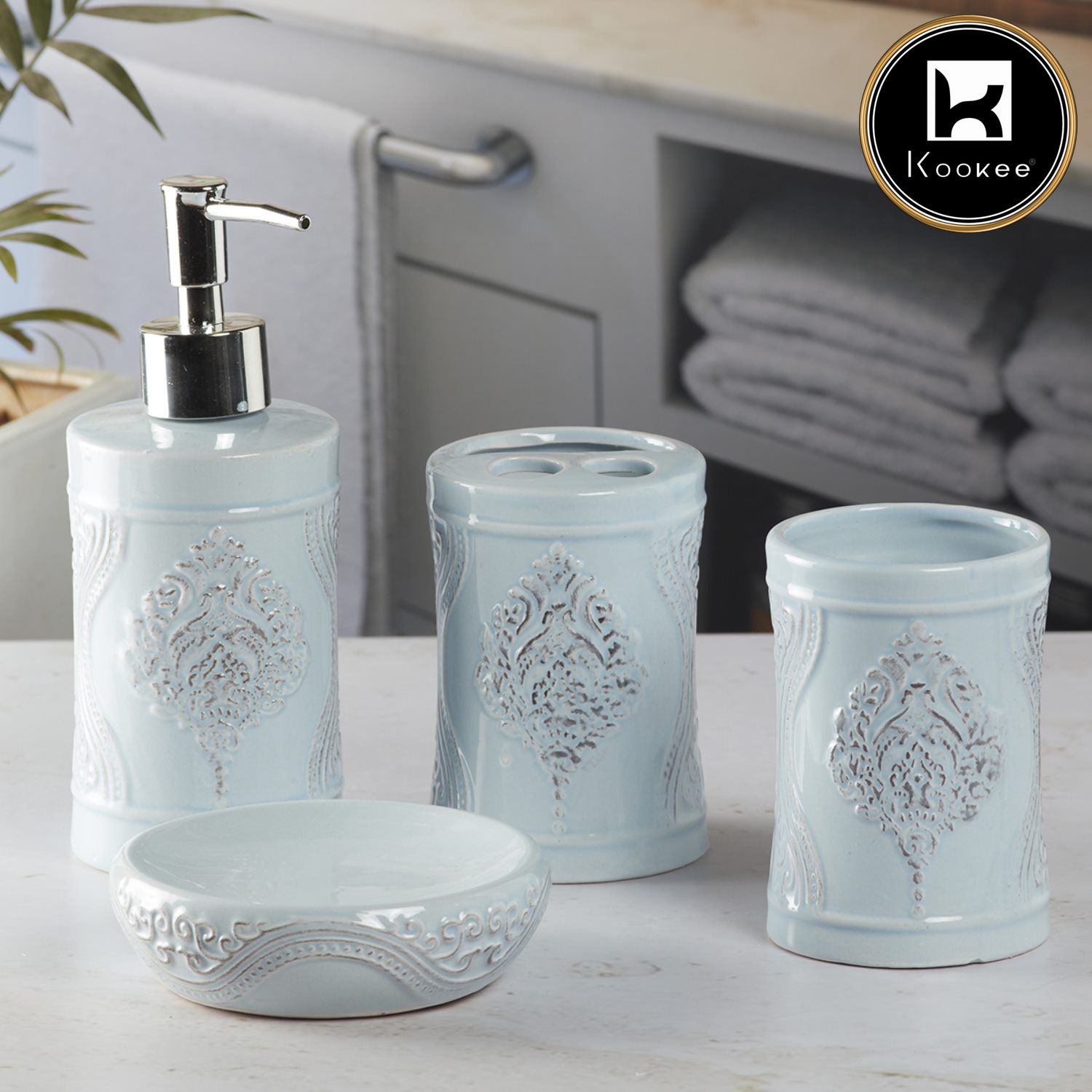 Ceramic Bathroom Set of 4 with Soap Dispenser (9874)