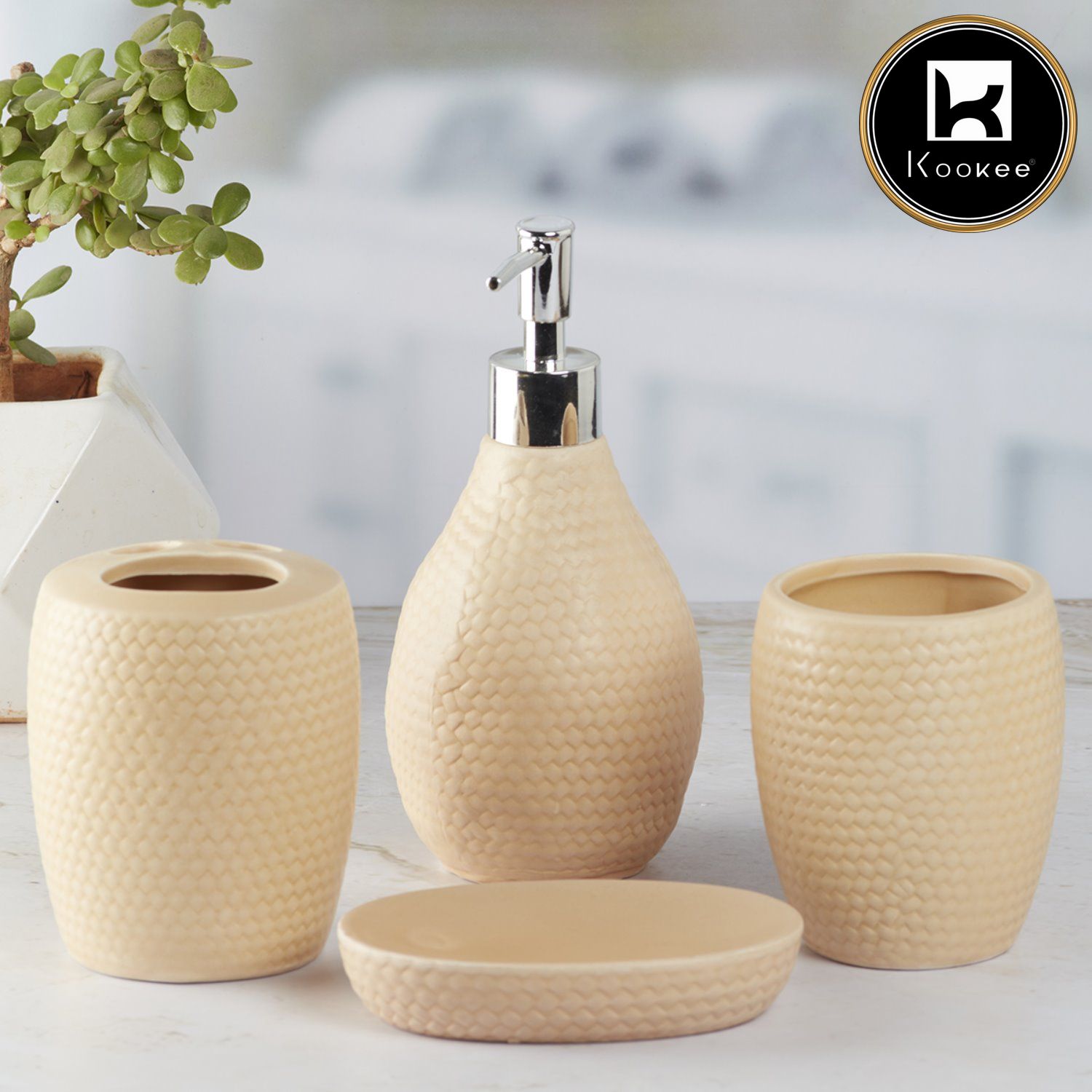 Ceramic Bathroom Set of 4 with Soap Dispenser (9876)