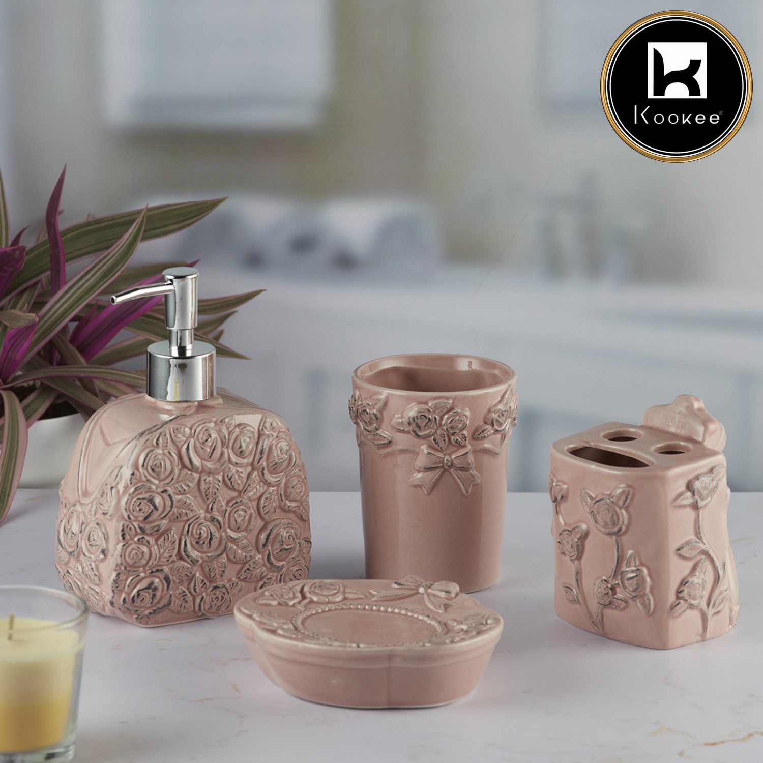 Kookee Ceramic Bathroom Sets, Pink, ART09877