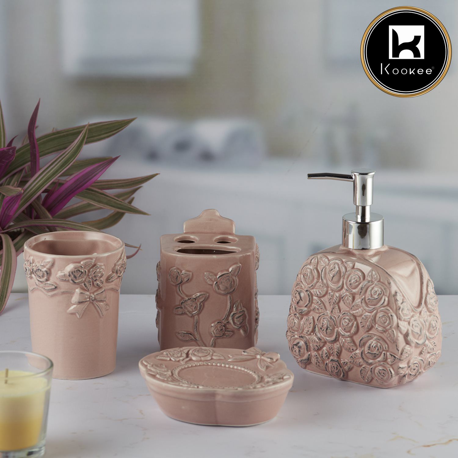 Kookee Ceramic Bathroom Sets, Pink, ART09877