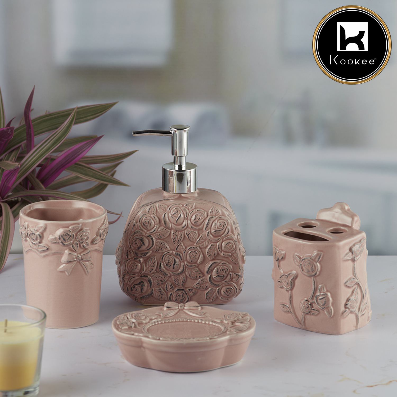 Kookee Ceramic Bathroom Sets, Pink, ART09877