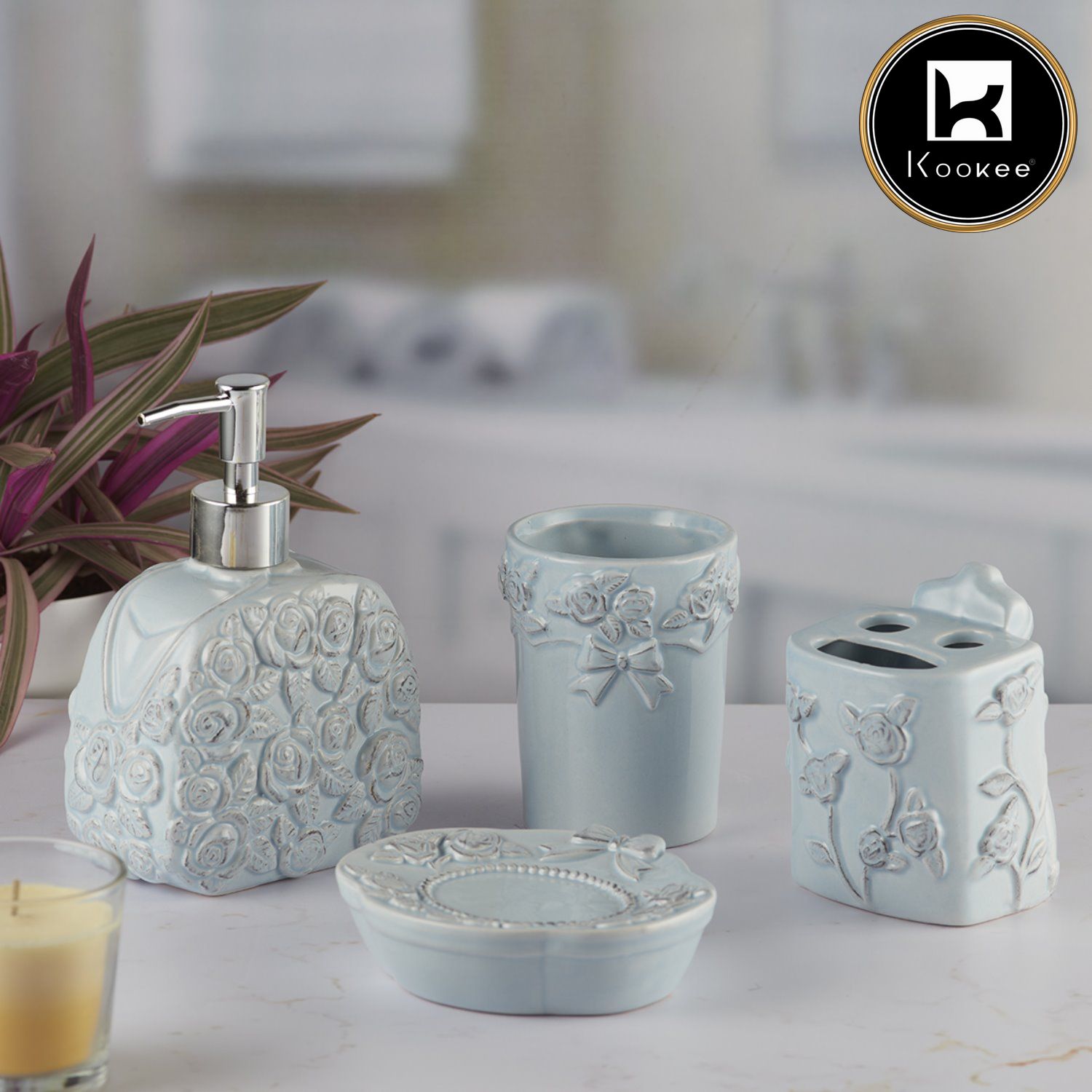 Ceramic Bathroom Set of 4 with Soap Dispenser (9878)