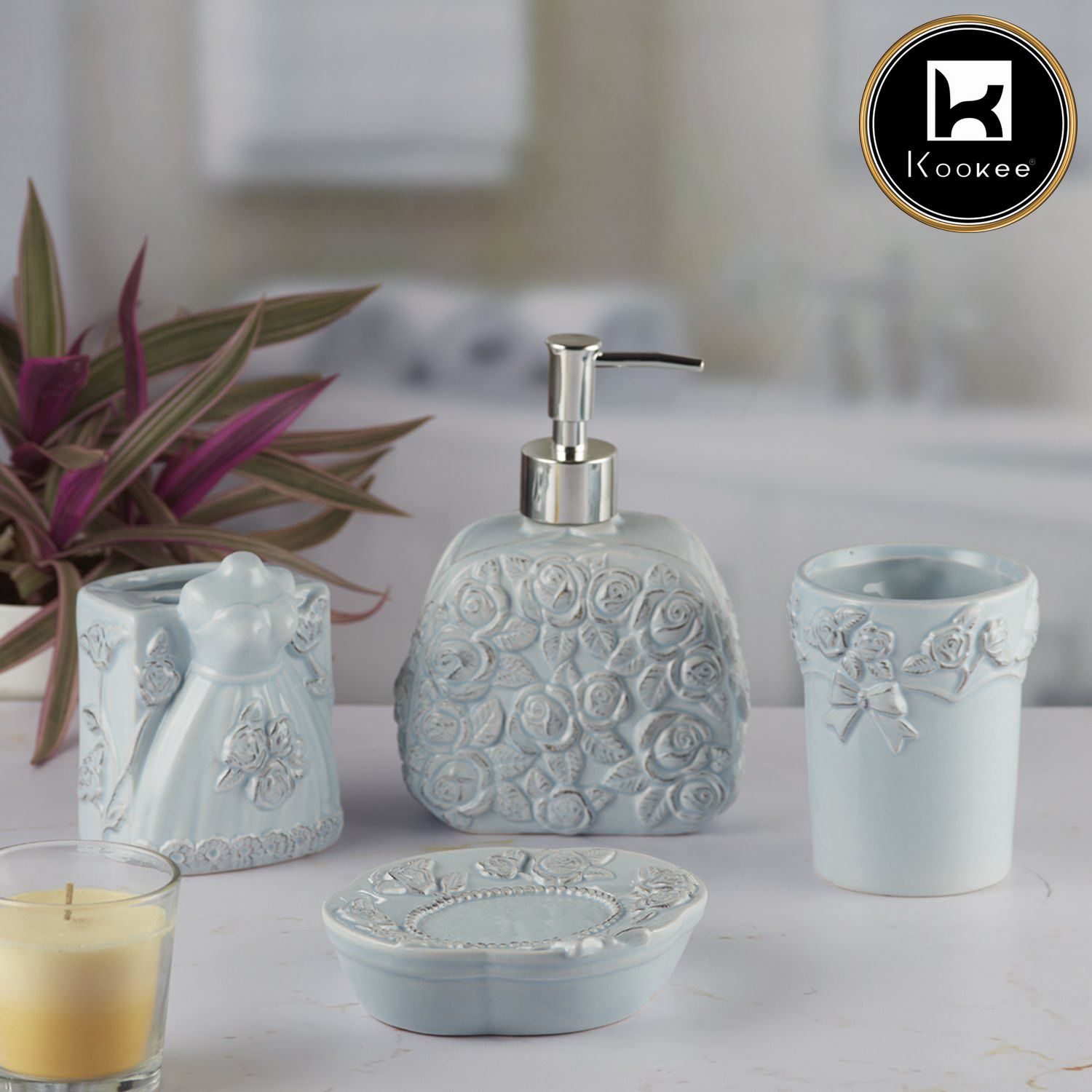 Ceramic Bathroom Set of 4 with Soap Dispenser (9878)