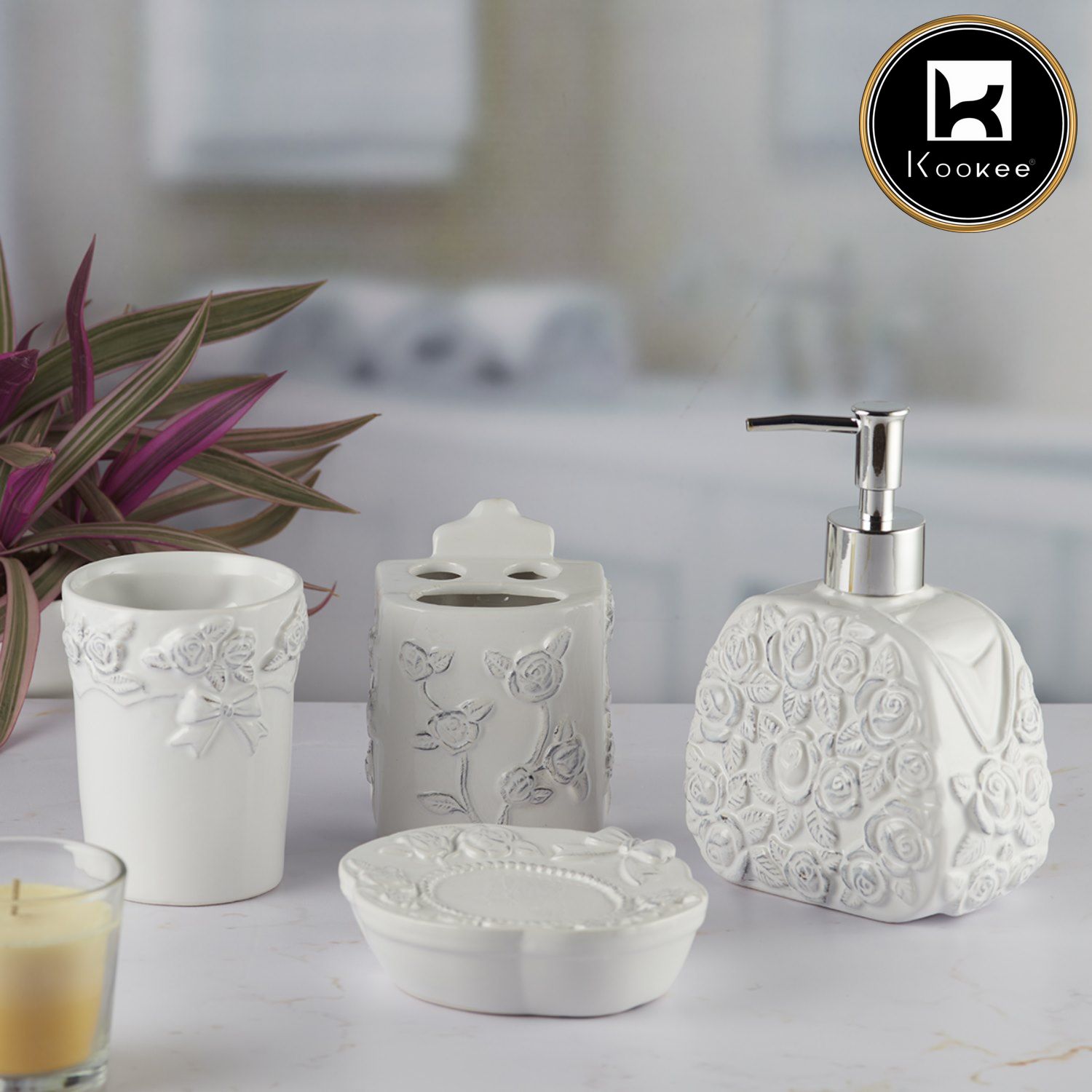 Ceramic Bathroom Set of 4 with Soap Dispenser (9879)