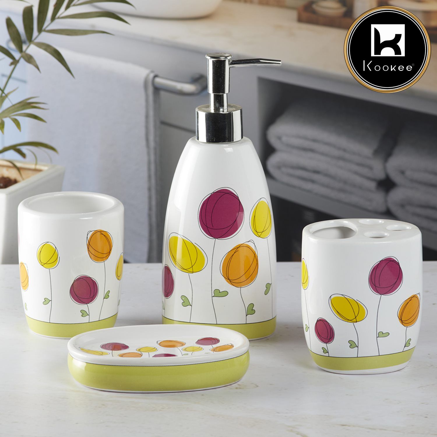 Ceramic Bathroom Set of 4 with Soap Dispenser (9880)