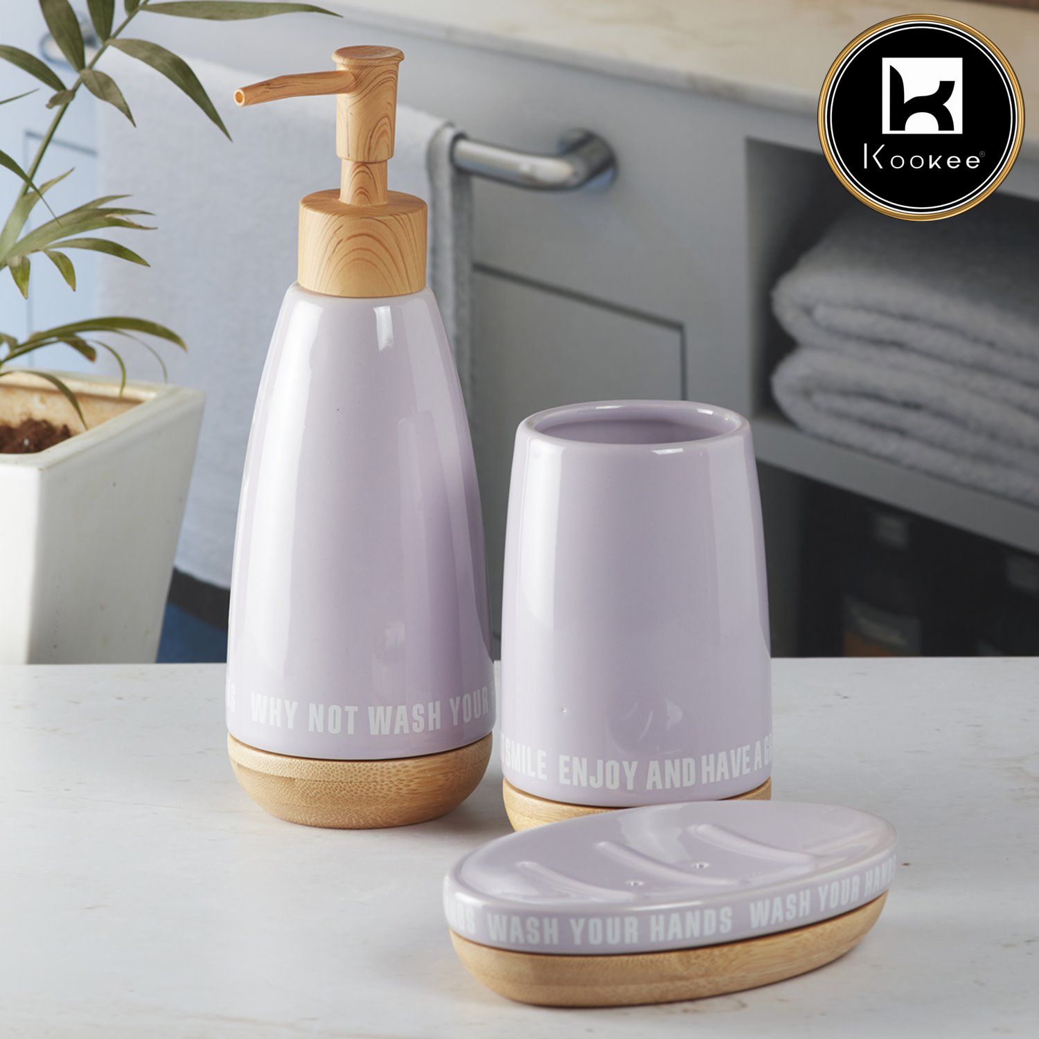 Kookee Ceramic Bathroom Accessories Set of 3, Modern Bath Set with Liquid handwash Soap Dispenser and Toothbrush holder, Luxury Gift Accessory for Home, Purple