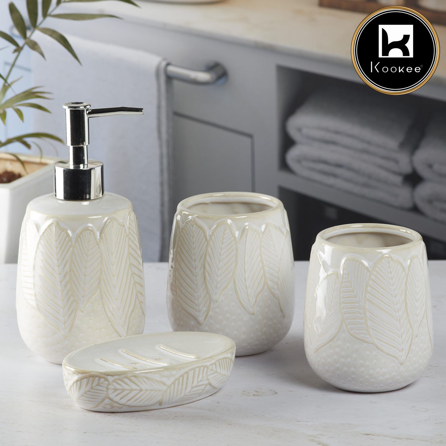 Ceramic Bathroom Accessories Set of 4 with Soap Dispenser (9885)