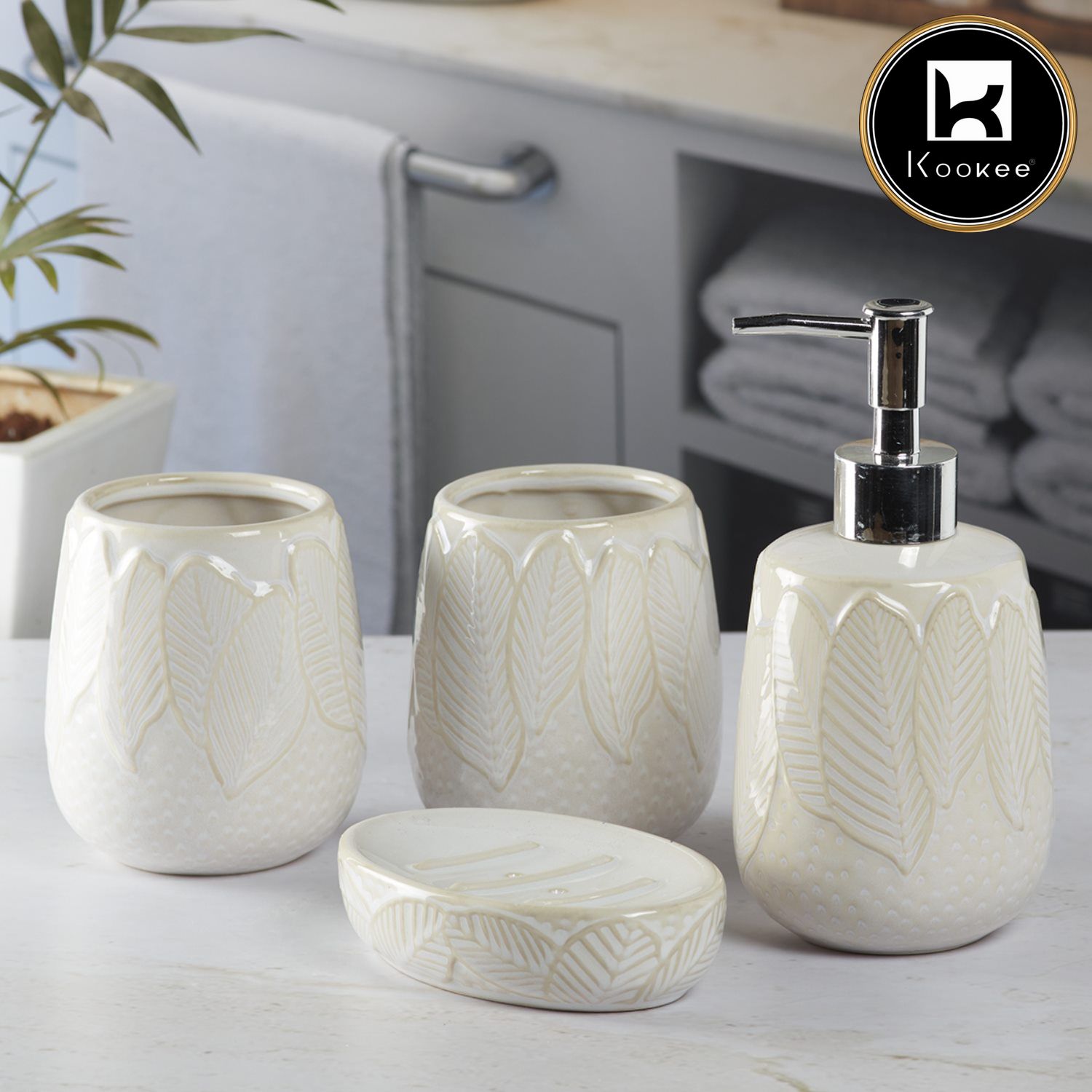 Ceramic Bathroom Accessories Set of 4 with Soap Dispenser (9885)