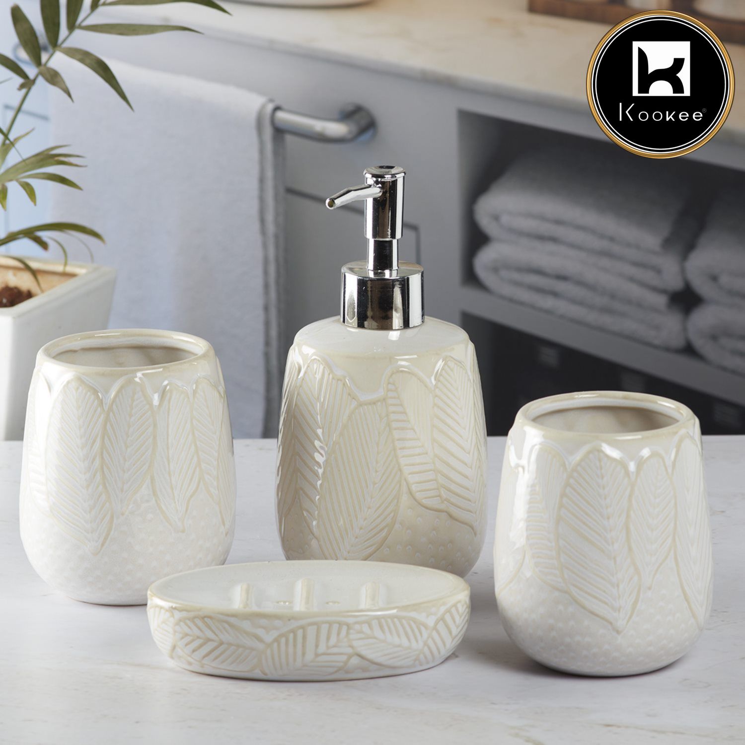 Ceramic Bathroom Accessories Set of 4 with Soap Dispenser (9885)