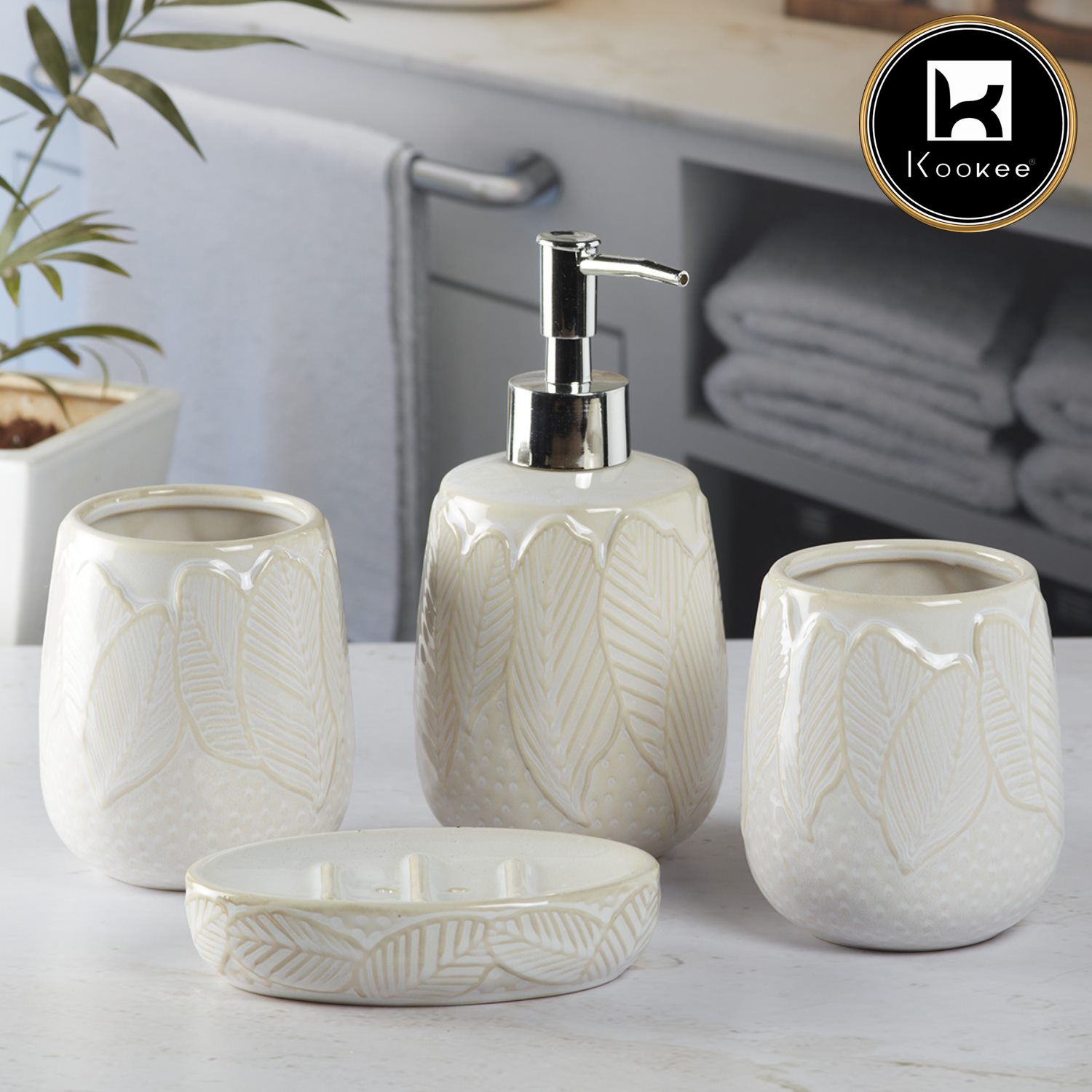 Kookee Ceramic Bathroom Accessories Set of 4, Modern Bath Set with Liquid handwash Soap Dispenser and Toothbrush holder, Luxury Gift Accessory for Home, Off White