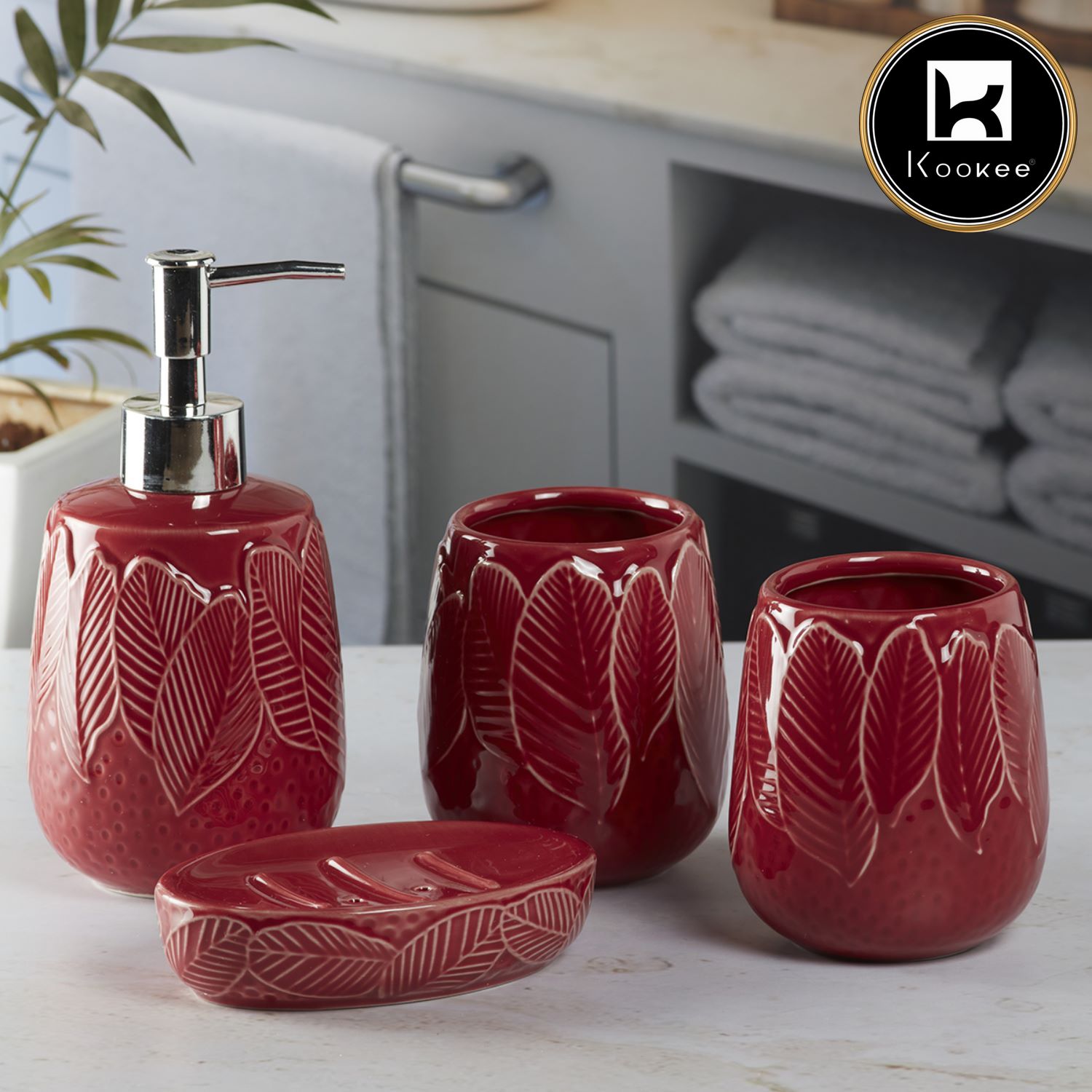 Ceramic Bathroom Accessories Set of 4 with Soap Dispenser (9886)