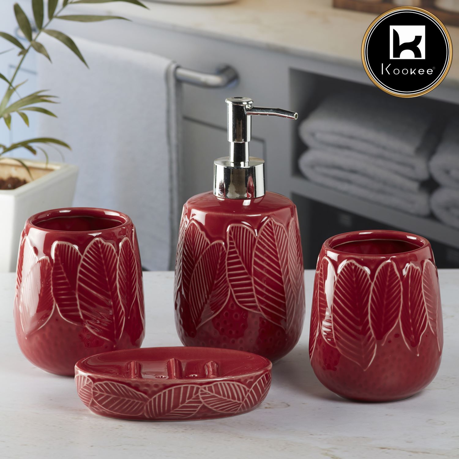 Ceramic Bathroom Accessories Set of 4 with Soap Dispenser (9886)
