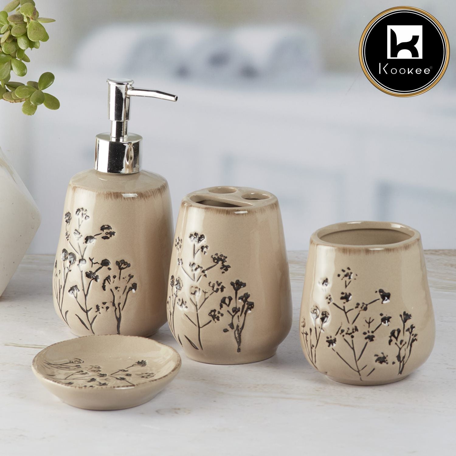 Ceramic Bathroom Set of 4 with Soap Dispenser (9887)