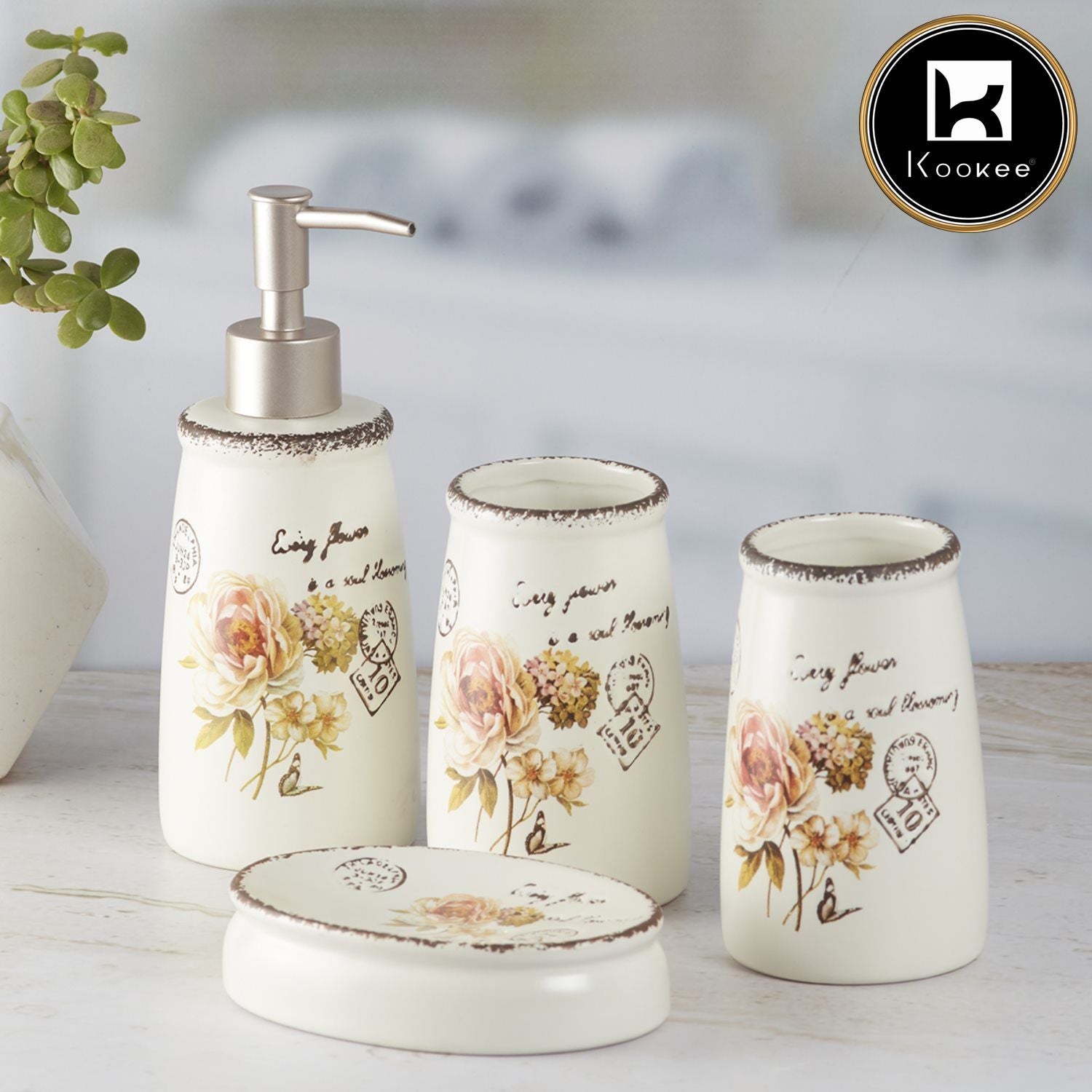 Ceramic Bathroom Set of 4 with Soap Dispenser (9889)