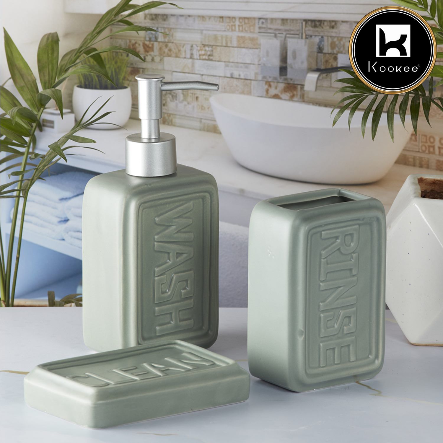 Ceramic Bathroom Set of 3 with Soap Dispenser (9890)