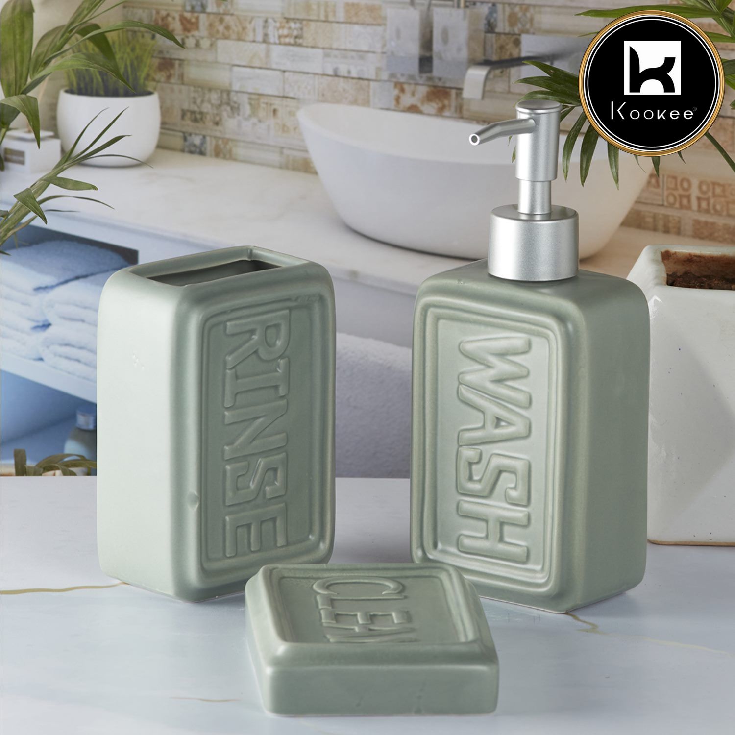 Ceramic Bathroom Set of 3 with Soap Dispenser (9890)