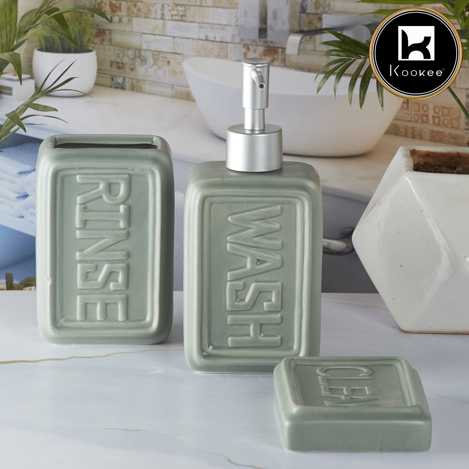 Ceramic Bathroom Set of 3 with Soap Dispenser (9890)