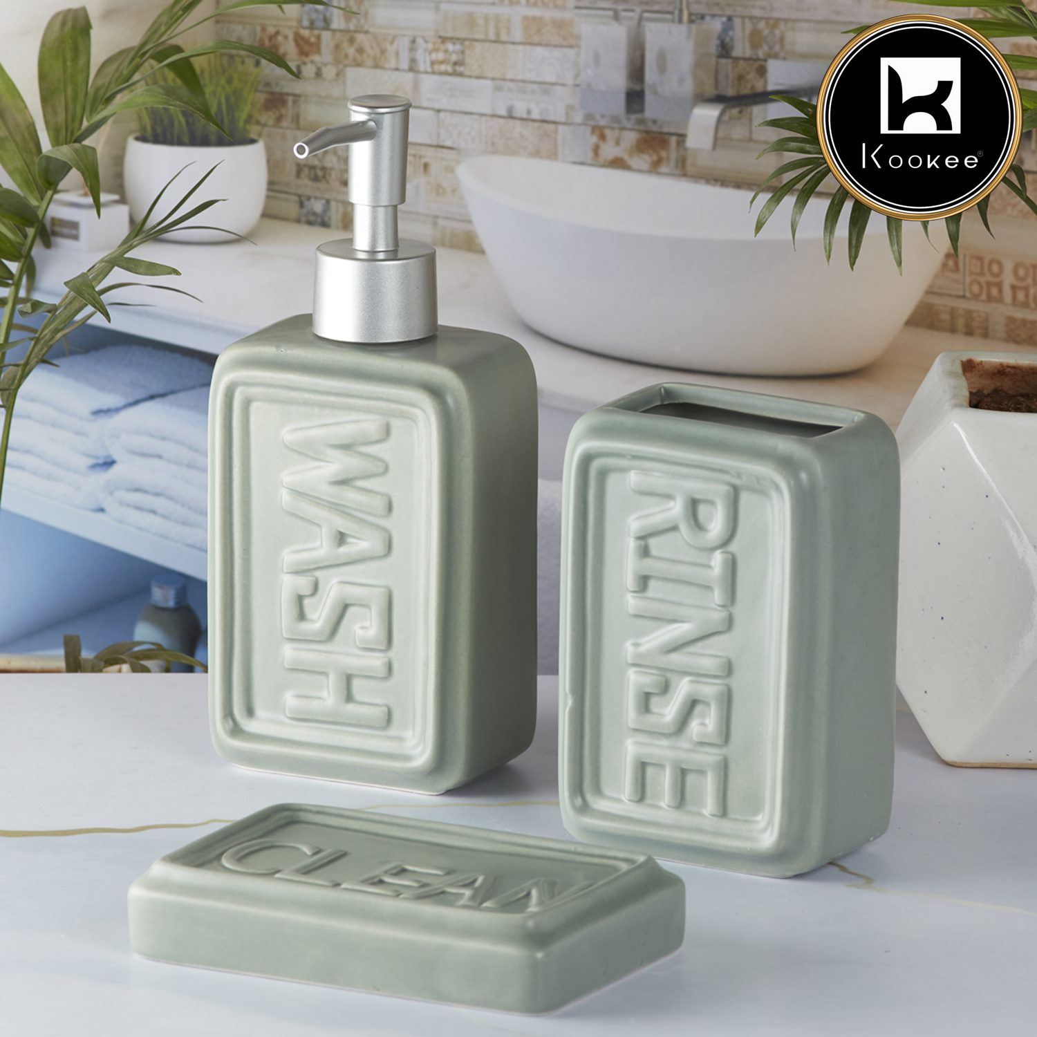 Ceramic Bathroom Set of 3 with Soap Dispenser (9890)