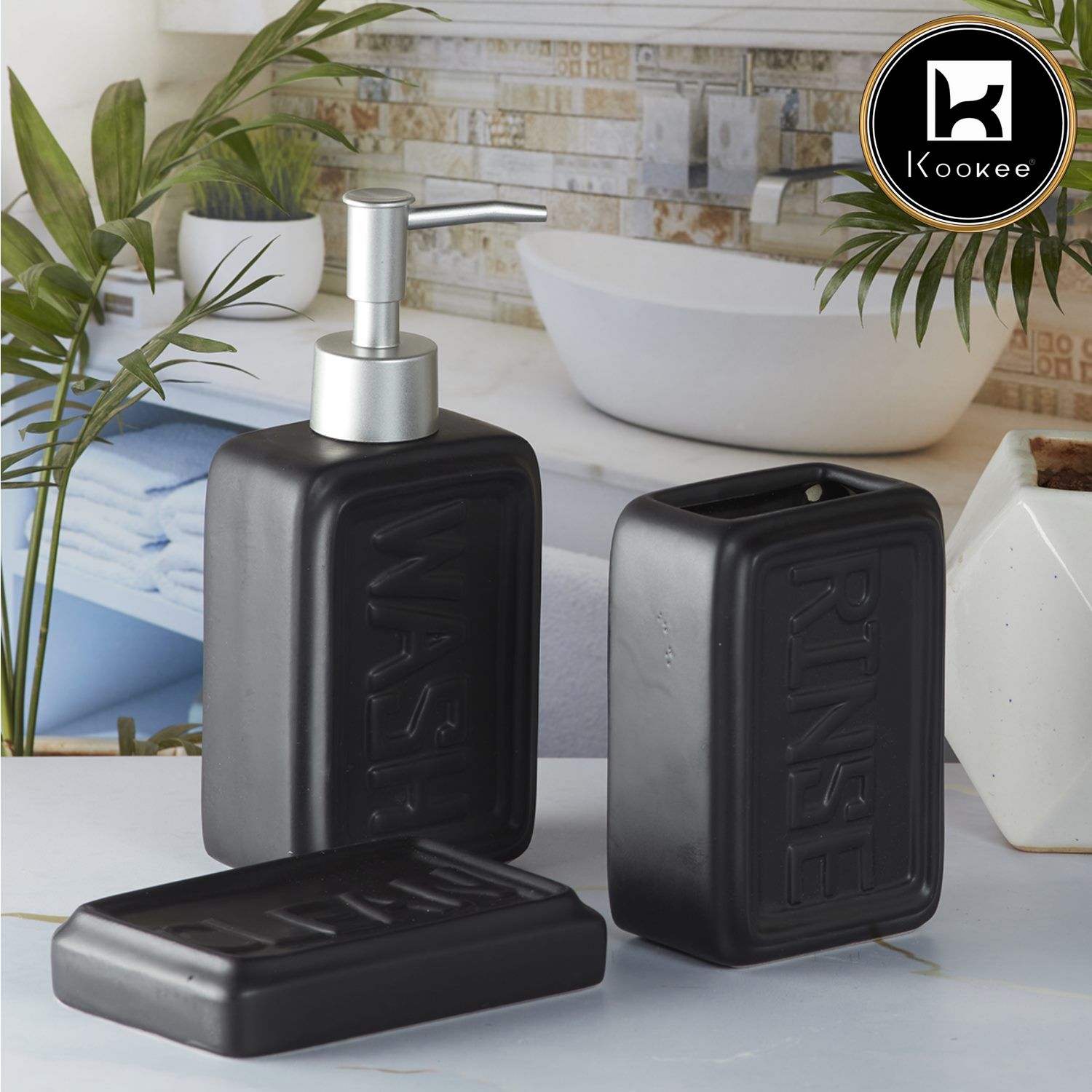 Ceramic Bathroom Set of 3 with Soap Dispenser (9891)