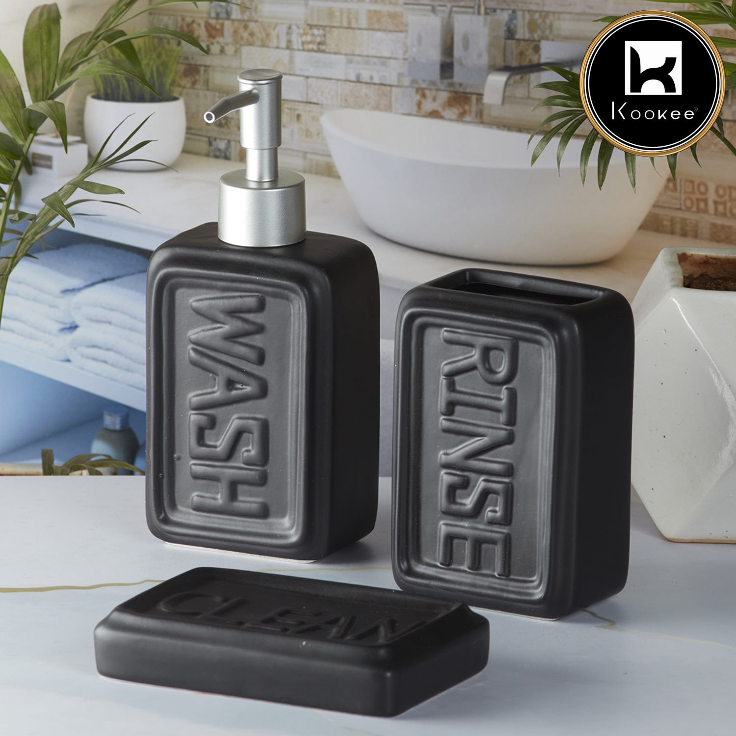 Kookee Ceramic Bathroom Sets, Black, ART09891