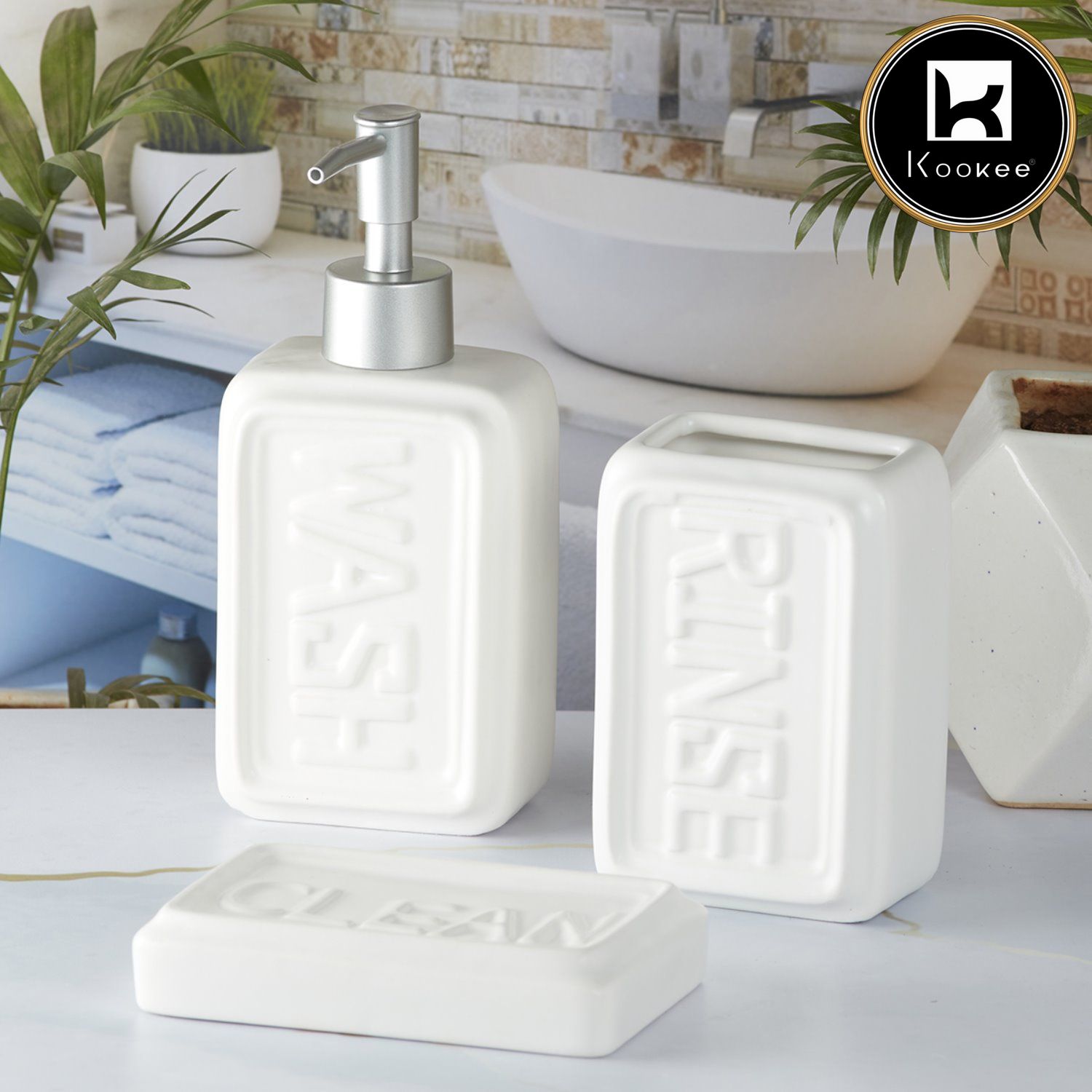 Kookee Ceramic Bathroom Accessories Set of 3, Modern Bath Set with Liquid handwash Soap Dispenser and Toothbrush holder, Luxury Gift Accessory for Home, White