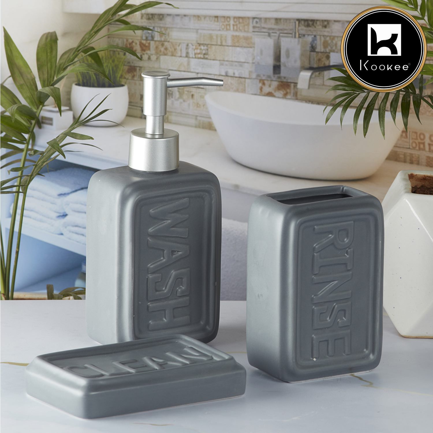 Kookee Ceramic Bathroom Sets, Grey, ART09893