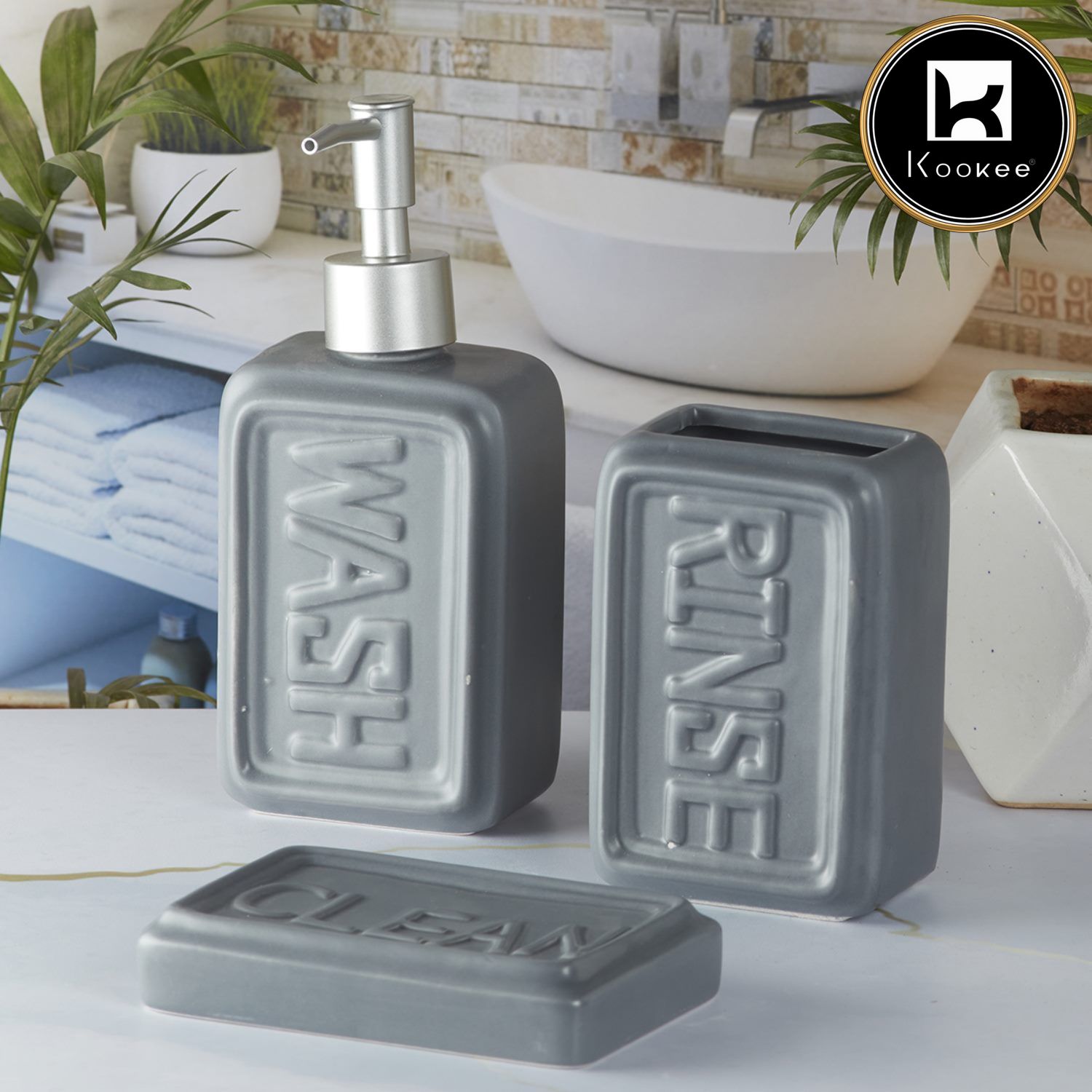 Kookee Ceramic Bathroom Accessories Set of 3, Modern Bath Set with Liquid handwash Soap Dispenser and Toothbrush holder, Luxury Gift Accessory for Home, Grey