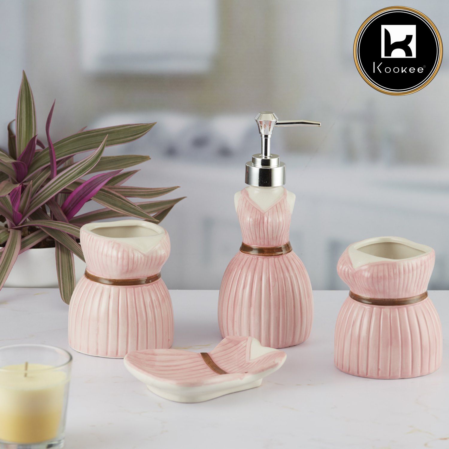 Kookee Ceramic Bathroom Sets, Pink, ART09895