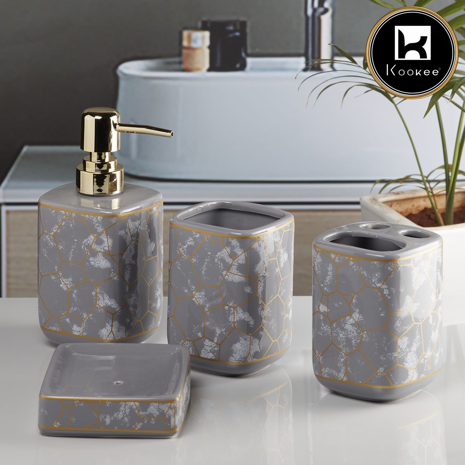 Ceramic Bathroom Accessories Set of 4 with Soap Dispenser (9896)