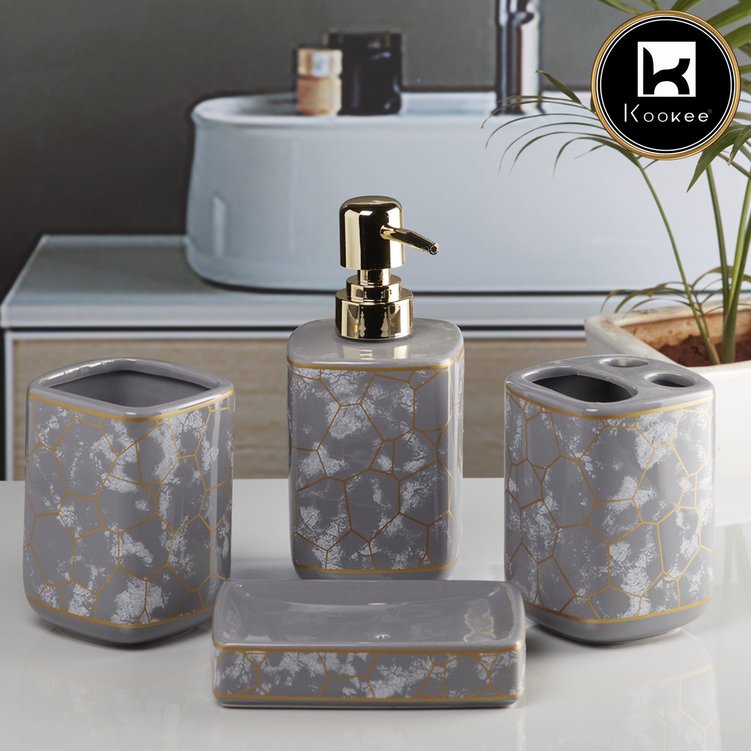 Kookee Ceramic Bathroom Accessories Set of 4, Modern Bath Set with Liquid handwash Soap Dispenser and Toothbrush holder, Luxury Gift Accessory for Home, Grey/Gold