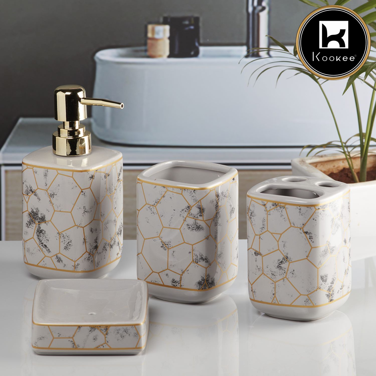 Ceramic Bathroom Accessories Set of 4 with Soap Dispenser (9897)