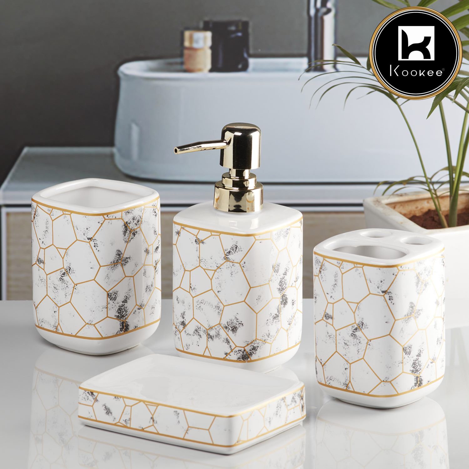 Ceramic Bathroom Accessories Set of 4 with Soap Dispenser (9898)