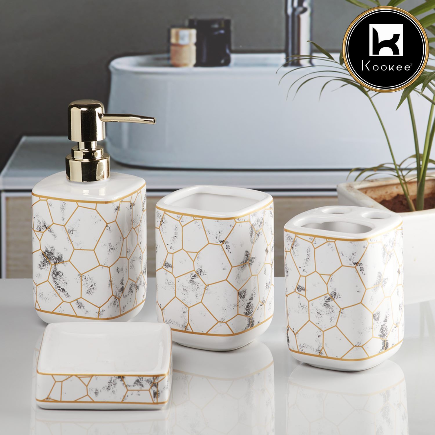 Ceramic Bathroom Accessories Set of 4 with Soap Dispenser (9898)